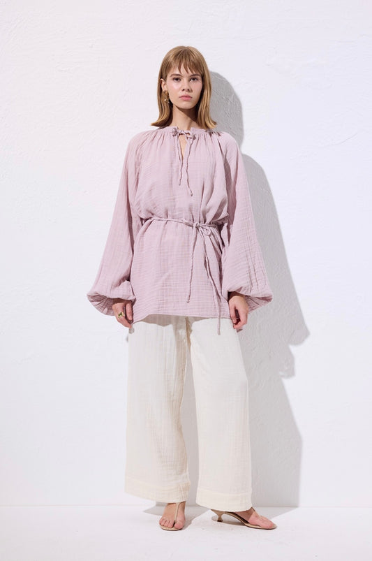 MANUKA - Musselin Bluse mit Bindegürtel Rosa