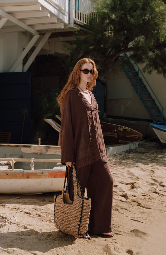 MANUKA - Musselin Kimono Schokobraun