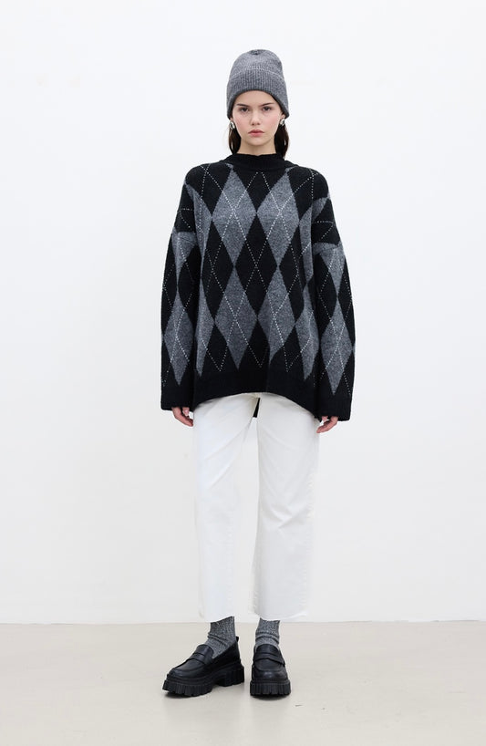 MANUKA - Oversize Strickpullover mit Karomuster Schwarz