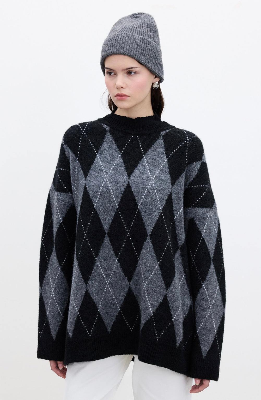 MANUKA - Oversize Strickpullover mit Karomuster Schwarz