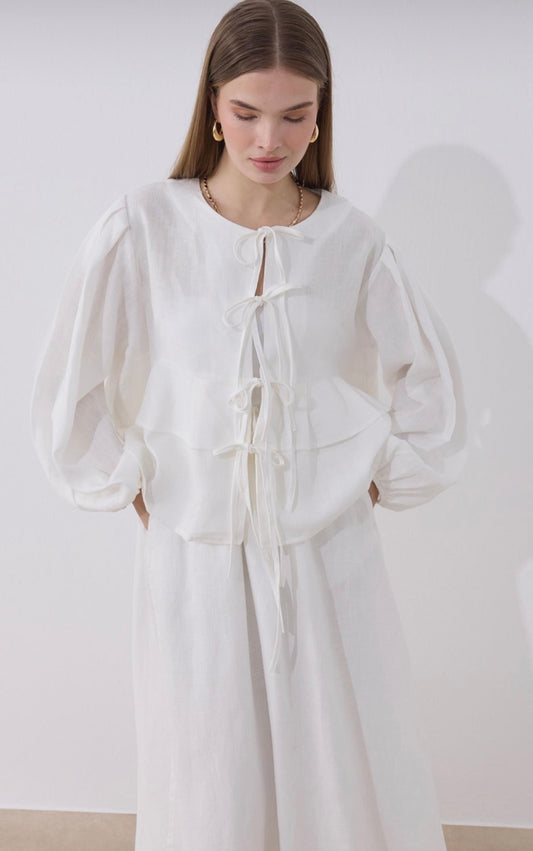 MOCA - Leinen Bluse mit Schleifen Detail