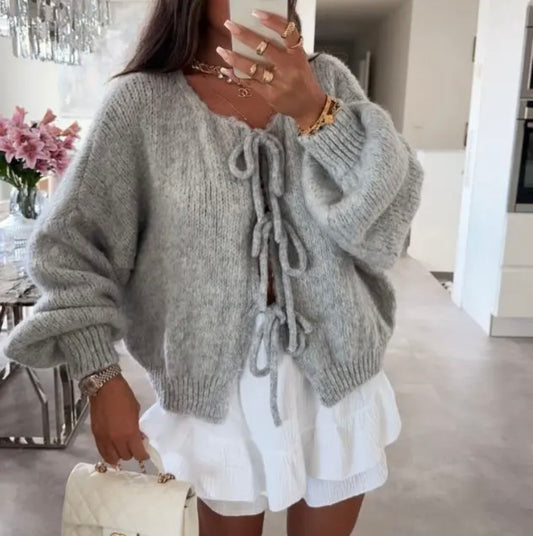 Cardigan mit Schleife - Hellgrau