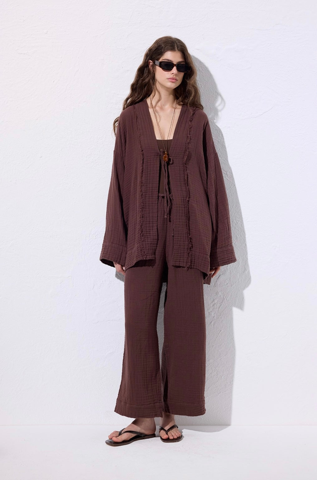 MANUKA - Musselin Kimono Schokobraun