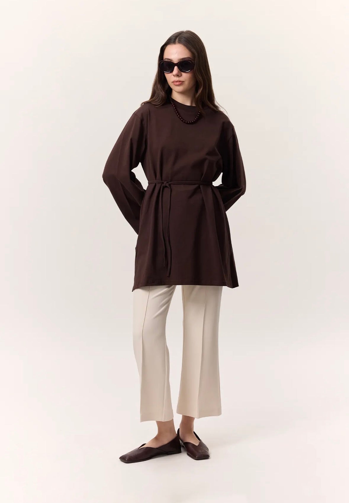 MANUKA - Oversize Shirt mit Bindegürtel Dunkelbraun