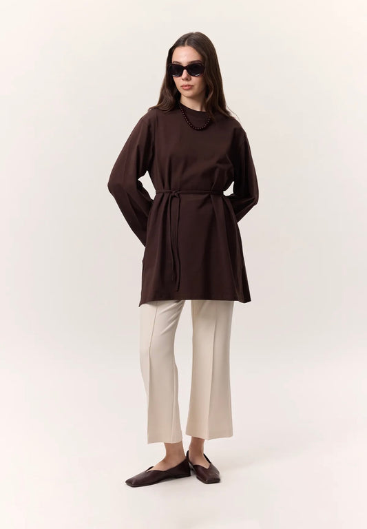 MANUKA - Oversize Shirt mit Bindegürtel Dunkelbraun