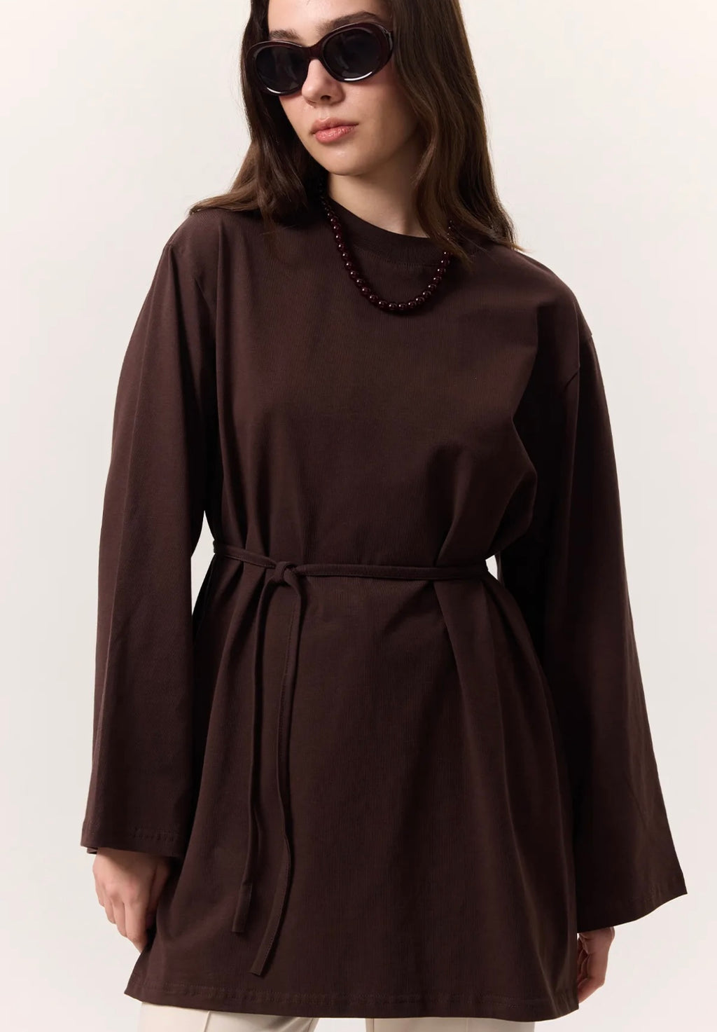 MANUKA - Oversize Shirt mit Bindegürtel Dunkelbraun