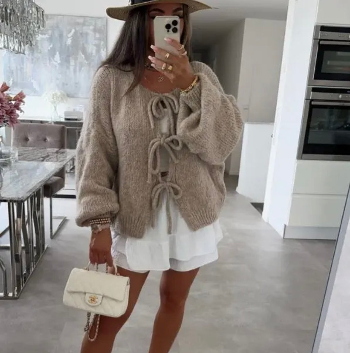 Cardigan mit Schleife - Taupe