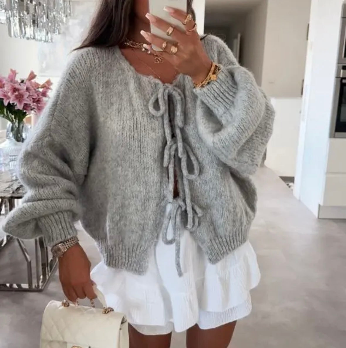 Cardigan mit Schleife - Hellgrau